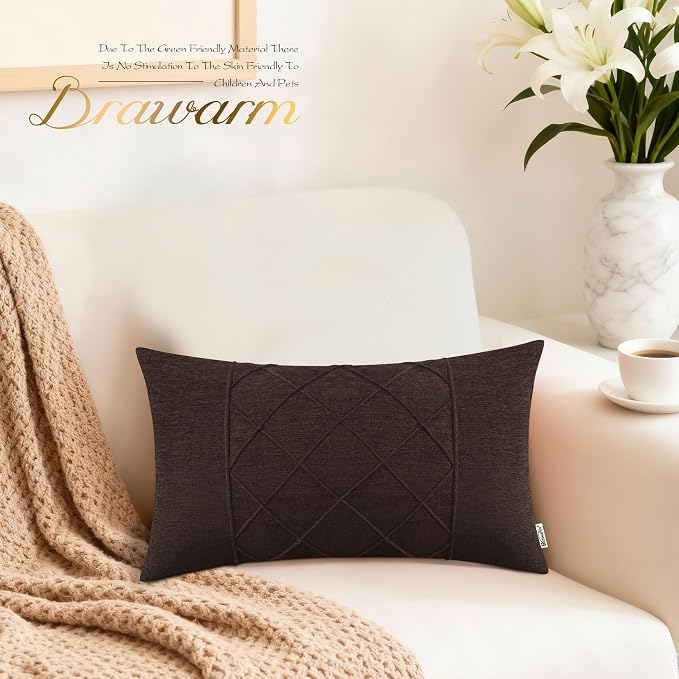 BRAWARM Chenille Throw Pillow Covers 12x20 Inches, Coffee, 2 Pack | Decorative Lumbar Pleated Pillow Covers, Soft Cushion Cases for Sofa Bed Living Room Home Farmhouse (No Insert)