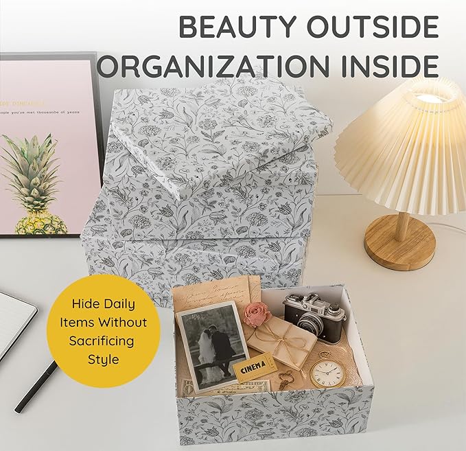 Soul & Lane - Modern Meadow Decorative Storage Boxes with Lids, Set of 3 | Large Nesting Cardboard Keepsake Boxes for Memories, Photos and Gifts, Pretty Modern Floral Containers for Home Decor