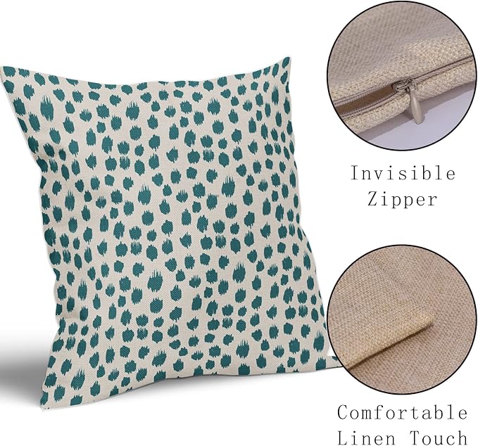Teal Cream Pillow Covers 18x18 Set of 2 Boho Design Polka Dot Throw Pillows Modern Brush Strokes Print Decorative Outdoor Pillowcase Square Cushion Cover Linen Pillow Case for Home Sofa Couch Bed