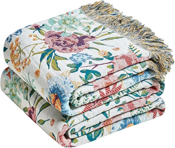 LUTBM Boho Throw Blanket for Couch 50"x60", Cotton Decorative Bed Throw | Reversible Floral Jacquard, All-Season Blankets, For Chair Sofa Living Room Decor, Lightweight Breathable Gauze, Women Gifts