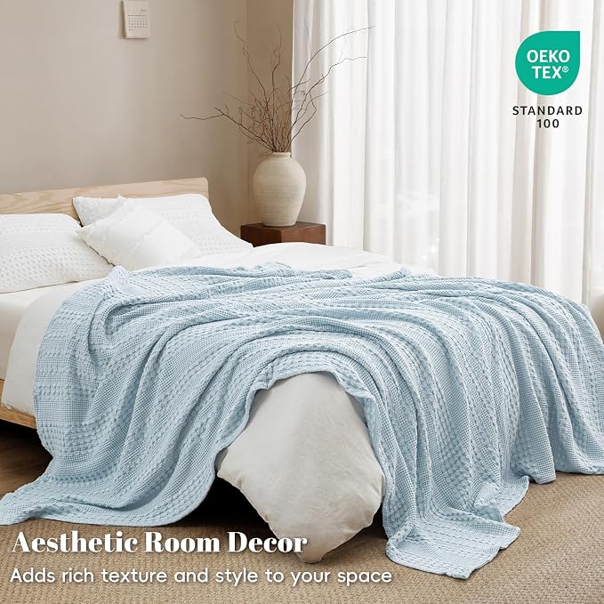 PHF 100% Cotton Waffle Weave Blanket King Size, Lightweight Breathable Summer Blanket for Hot Sleepers, Pre-Washed Soft Layer for Bed, Couch, Home Decor Gift, 108"x90", Sky Blue