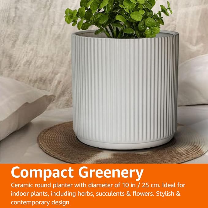 Amazon Basics Fluted Ceramic Planter Pot for Indoor Outdoor Plants, Round Flower Pot with Drainage Hole, 10-inch, White