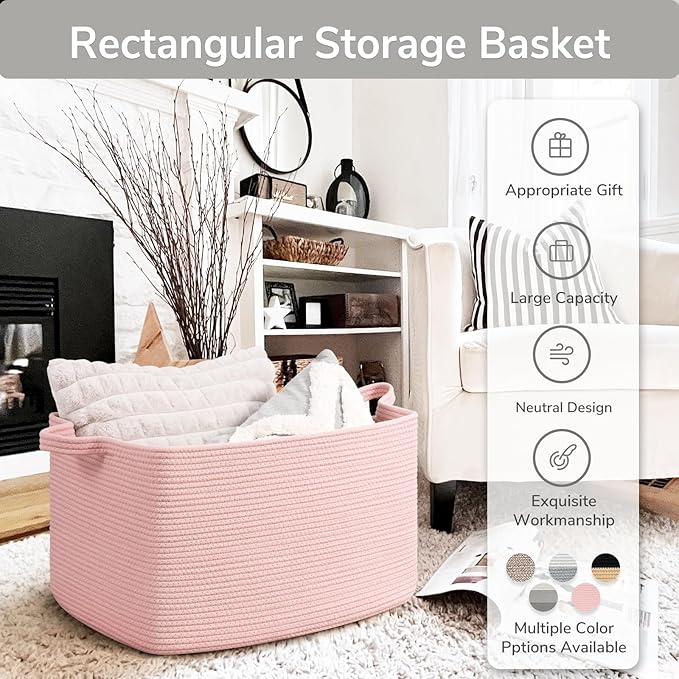 Goodpick Large Woven Rope Blanket Basket, Rectangle, Pink, 75L | 21.6'' x 14.9'' x 11.8'' Storage Basket for Toys & Blankets, Living Room, Bedroom & Nursery Organization, Reinforced Handles