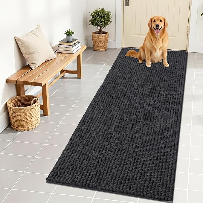 OLANLY Dog Door Mat for Muddy Paws 70x24, Extra Absorbent Chenille Mud Mat | Dark Grey, Absorbs Moisture and Dirt, Non-Slip Machine Washable Doormat, Quick-Drying Indoor Entryway Floor Mat for Dogs