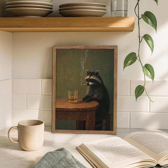 Framed Vintage Raccoon Wall Art, Funny Animal Canvas Wall Decor Paintings, Dark Moody Whimsical Artwork Poster Print Picture for Bar Bathroom Bedroom Living Room 12x16 Inch