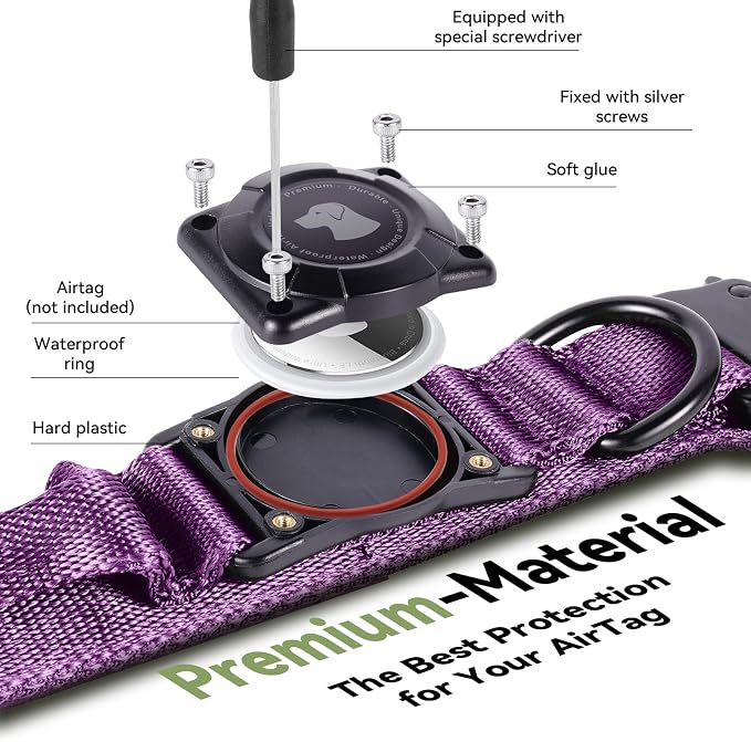 2026 Upgrade Waterproof Tactical AirTag Dog Collar, Built in AirTag Holder | Comfortable Control Handle, Quick Release Metal Buckle, Durable 1000D Nylon, For Medium to Large Dogs, Purple, XL