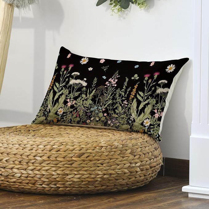 AVOIN colorlife Wildflowers Spring Black Throw Pillow Cover 12x20 Inch | Daisy Cushion Case Decoration for Home Sofa Couch