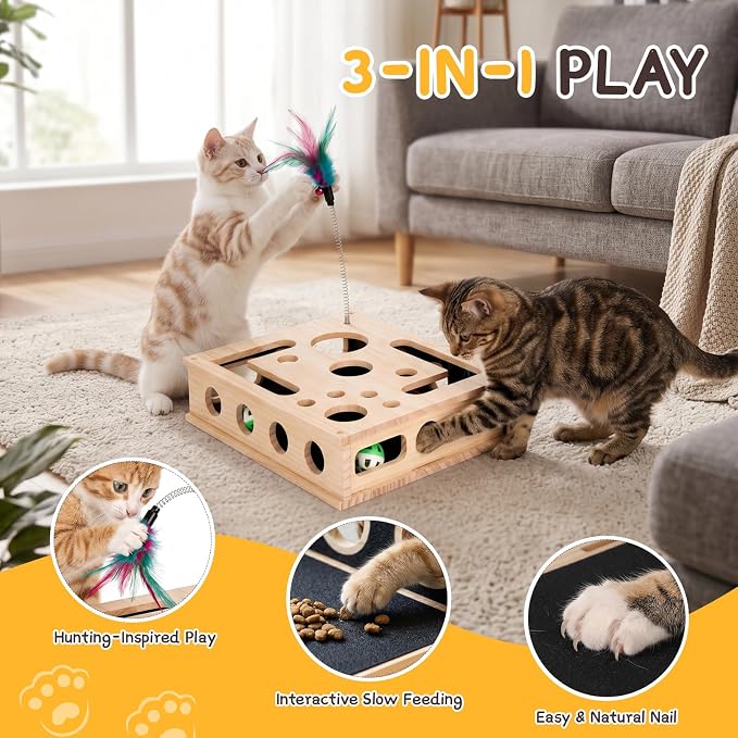 SENNOVI Wooden Cat Puzzle Feeder & Scratcher Toy, Hunting Treat Dispenser
