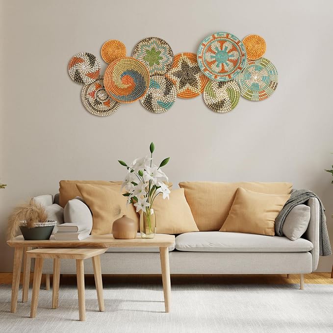 Tatuo 11 Pcs Boho Wall Basket Decor Bulrush Woven Wall Hanging Art Round Farmhouse Rustic Handmade Wicker for Summer Home, Bedroom, Living Room, Kitchen Decorations, Multi Sizes(Farmhouse)