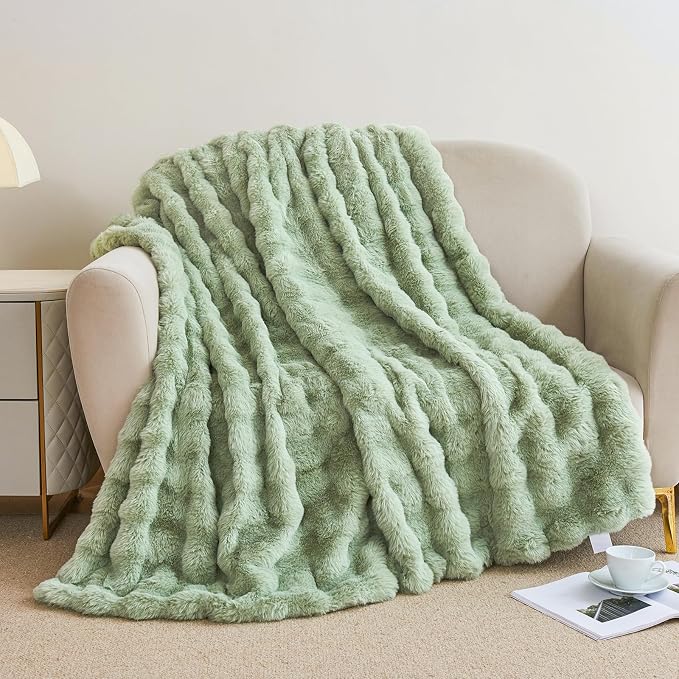 Faux Rabbit Fur Throw Blanket for Couch, Sage Green Throw Blankets 50"x60" | Cozy Reversible Fluffy Throw, Luxury Plush Thick Bubble Blanket, Mothers Gifts for Women, Soft Warm for Bed, Home Decor