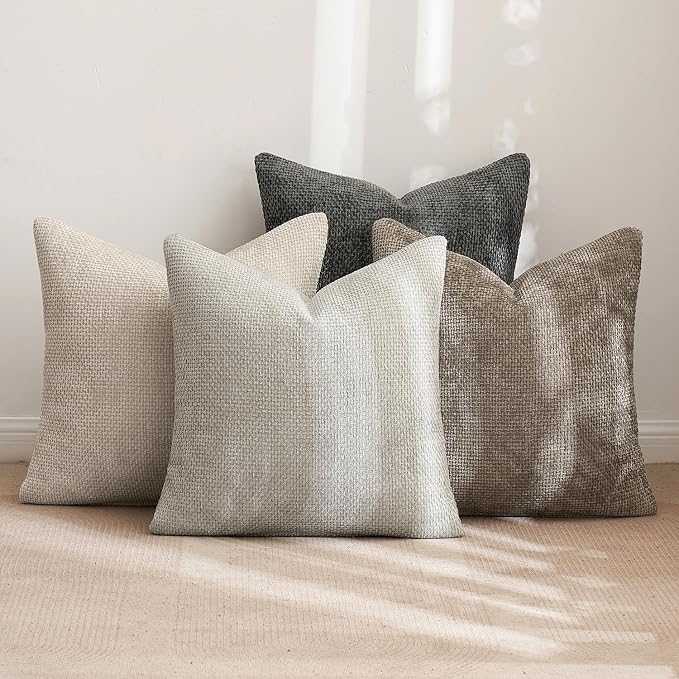 MIULEE Soft Decorative Chenille Euro Pillow Covers Neutral 22x22 Pack of 4 | Mid Century Modern Decor, Cream to Charcoal Set, Couch Throw Pillows, Farmhouse Boho Cushion Covers for Sofa Bed Living Room