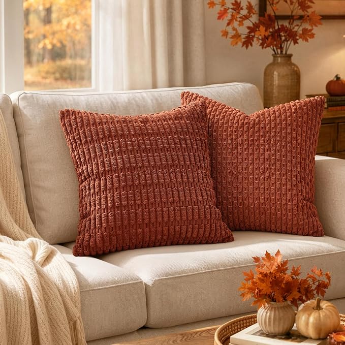 MIULEE Fall Corduroy Decorative Throw Pillow Covers 12x12 Rust Pack of 2 | Terracotta Soft Boho Striped Pillow Covers Modern Farmhouse Autumn Home Decor For Sofa Living Room Couch Bed