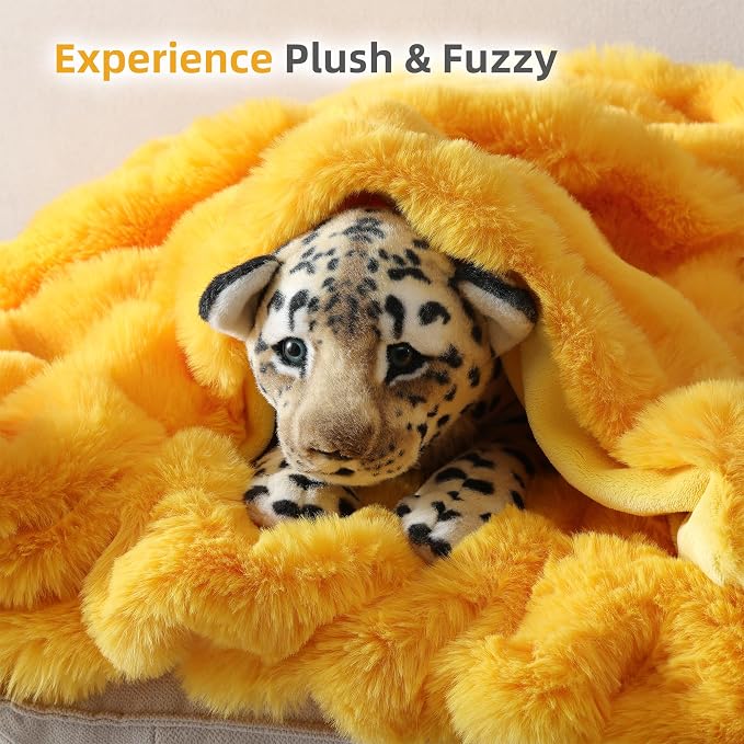 Faux Fur Throw for Couch - Mustard Yellow Bubble Blanket 50"x60" | Fluffy Plush Fuzzy Throw for Sofa & Bed, Super Soft Cozy Comfrt Blanket, Luxury Aesthetic Yellow Decor Gift for Women