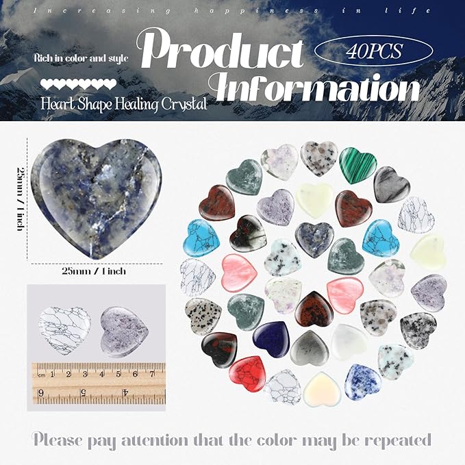 Nuenen 40 Pcs 1 Inch Heart Shaped Crystal Valentines Gift Worry Stone Bulk Heart Rock Tiny Trinkets Healing Crystal Gemstone Palm Pocket Love Carved Rock for Mom Women Meditation