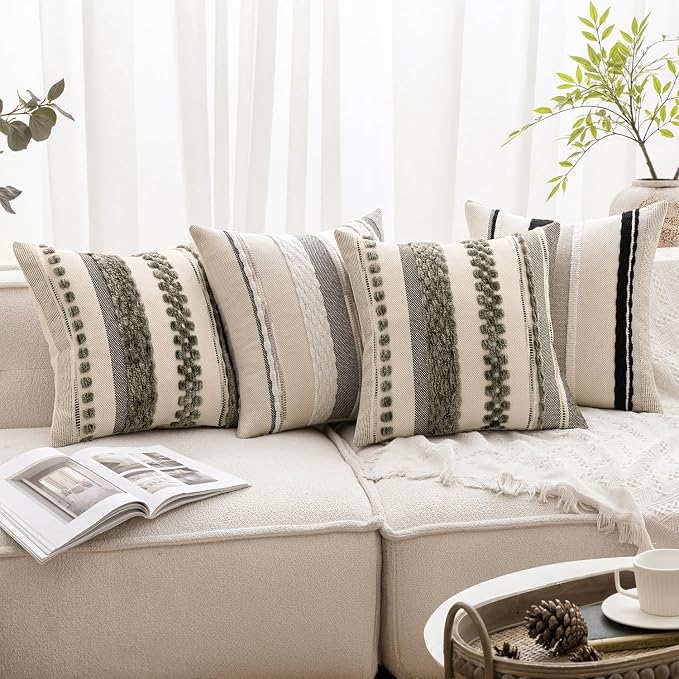 ANRODUO Boho Decorative Pillow Covers 18x18 Pack of 2 Black-White Stripe 2 | Throw Pillow Covers, Farmhouse Cushion Case, Chenille Pillow Cases, Pillow Covers, Neutral Pillowcase for Sofa Couch Bed