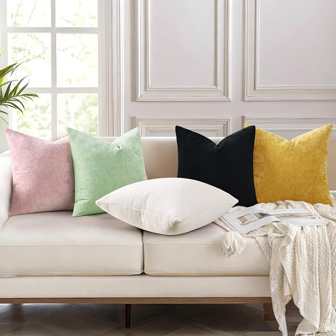 decorUhome Soft Chenille Black Throw Pillow Covers 18X18 Set of 2 | Decorative Fall Couch Pillow Covers Solid Dyed Accent Modern Farmhouse Neutral Square Pillow Cases for Sofa