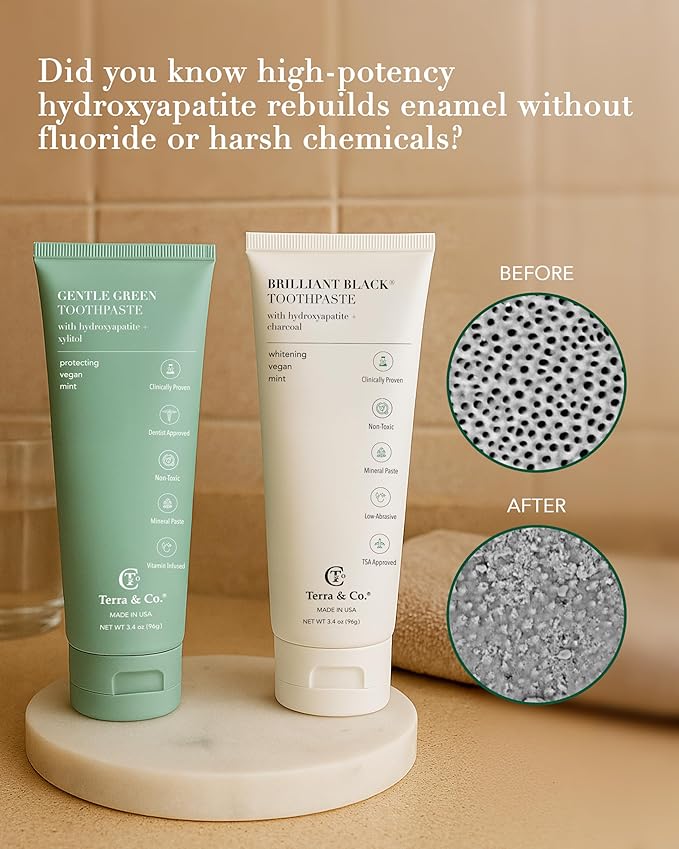 Terra & Co. Brilliant Black Hydroxyapatite Toothpaste for Whitening Teeth – USA-Made - Natural Remineralizing Toothpaste, Fluoride-Free, Vegan, SLS-Free, Low Abrasion – Mint, 3.4 oz