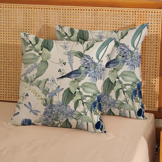 Chinoiserie Pillow Covers 18x18 Set of 2 Blue Green Floral Bird Pillow Cases Vintage Flower Seasonal Outdoor Throw Pillows Linen Farmhouse Chinoiserie Decorative Cushion Case for Couch Sofa