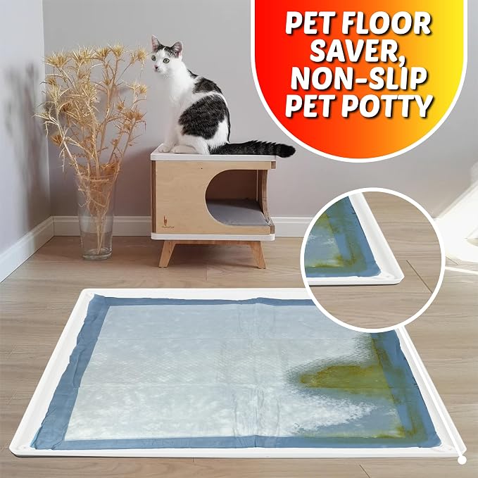 Skywin Dog Pee Pad Holder Tray Fits for 28” x 34” Pee Pads - 1 Pack - White | Corner Lock Holes, Raised Edges, Non-Spill, Easy to Clean Silicone Dog Potty Tray Holder, For Indoor Floor Protection