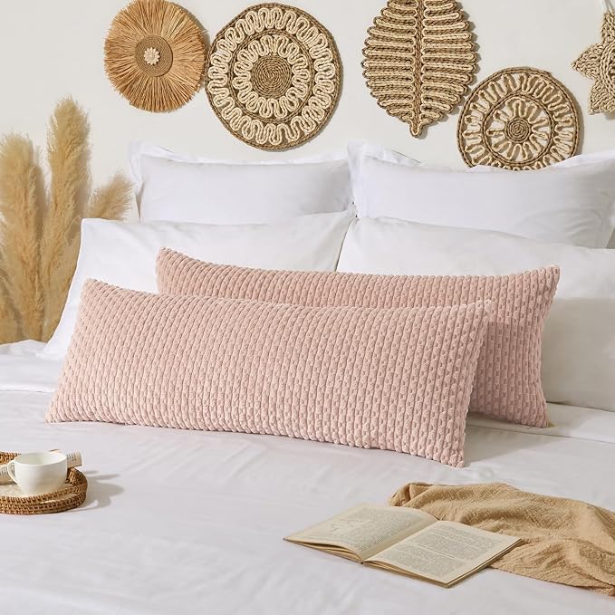 Kevin Textile Soft Corduroy 14"x36" Lumbar Pillow Cover 1 Pack, Light Pink | Boho Stripe Plush Corduroy Decorative Oblong Cushion Cover Modern Farmhouse Home Decor for Sofa Couch Bed Chair