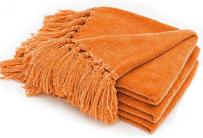 RECYCO Chenille Throw Blanket for Couch, 50"x60", Orange | Super Soft Knit Throw Blanket with Fringe Tassels, Lightweight Knitted Throw, Cozy, Ideal for Sofa Chair Bed Living Room Gift