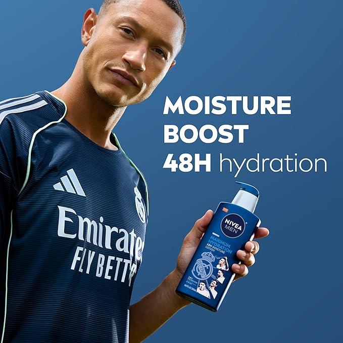 NIVEA MEN Real Madrid Limited Edition Design Maximum Hydration 48-Hour Moisture Body Lotion for Dry Skin, Aloe Vera Lotion for Men, 3-in-1 Body, Face and Hands, 16.9 Fl Oz Bottle