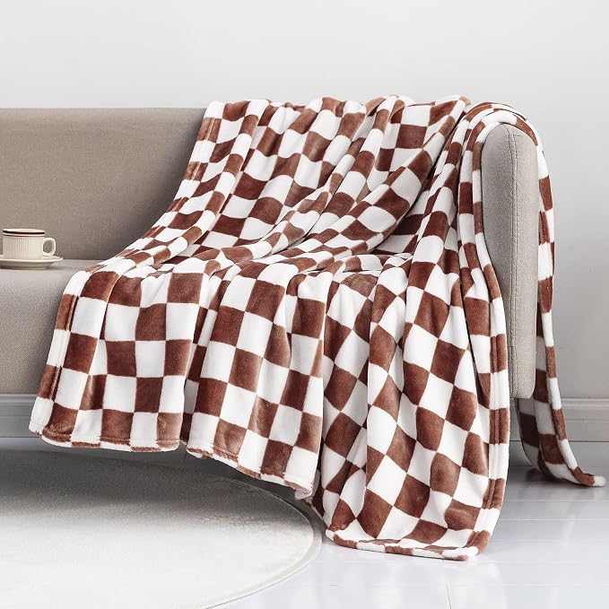 LOMAO Throw Blankets Flannel Blanket with Checkerboard Grid Pattern Soft Throw Blanket for Couch, Bed, Sofa Luxurious Warm and Cozy for All Seasons (Coffee, 40"x60")