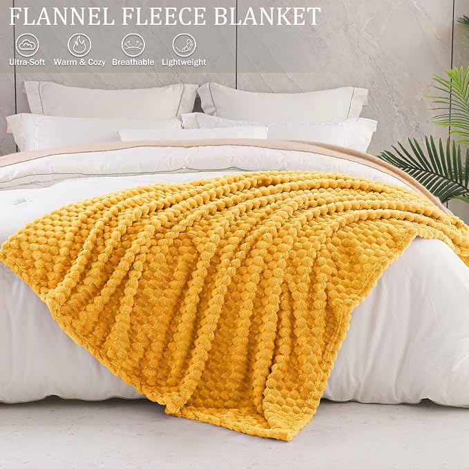 Exclusivo Mezcla 3D Fleece King Size Blanket for Bed, Mustard Yellow | Extra Soft Fuzzy Plush Lightweight Bed Blankets, Cozy Fluffy Decorative Blankets for All Seasons, 90x104 Inches