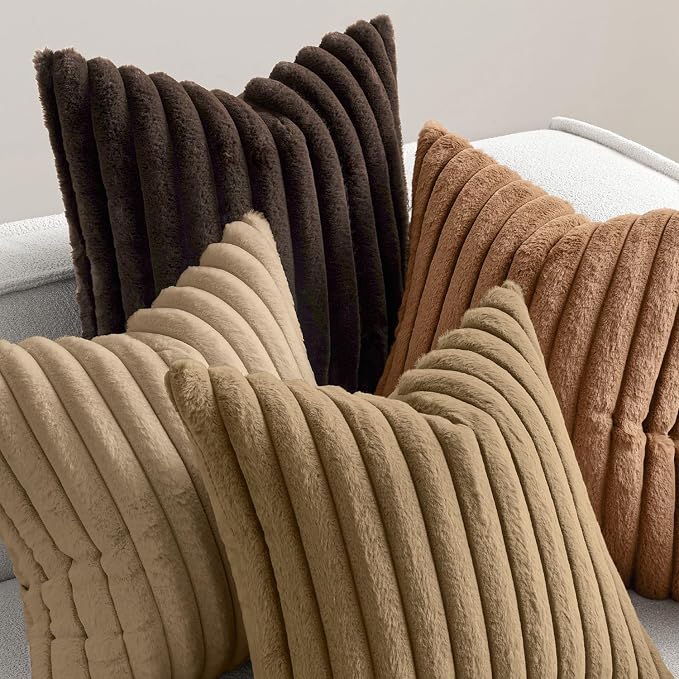 MIULEE Fall Faux Fur Plush Decorative Throw Pillow Covers 18x18, Dark Brown | Set of 4, Striped, Soft Boho Farmhouse Vintage, Rustic Cozy Home Decor, Cushion Cases for Sofa Couch Bed Living Room
