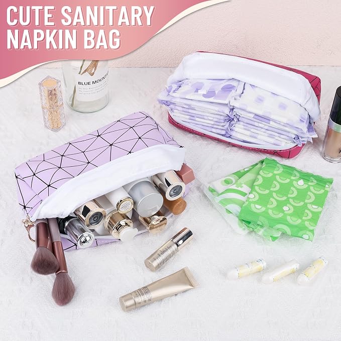 Tampon Holder for Purse Period Bag Waterproof Geometric PU Sanitary Napkin Storage Bag Portable Menstrual Cup Pad Pouch Cute Makeup Bag Feminine Gift Purple