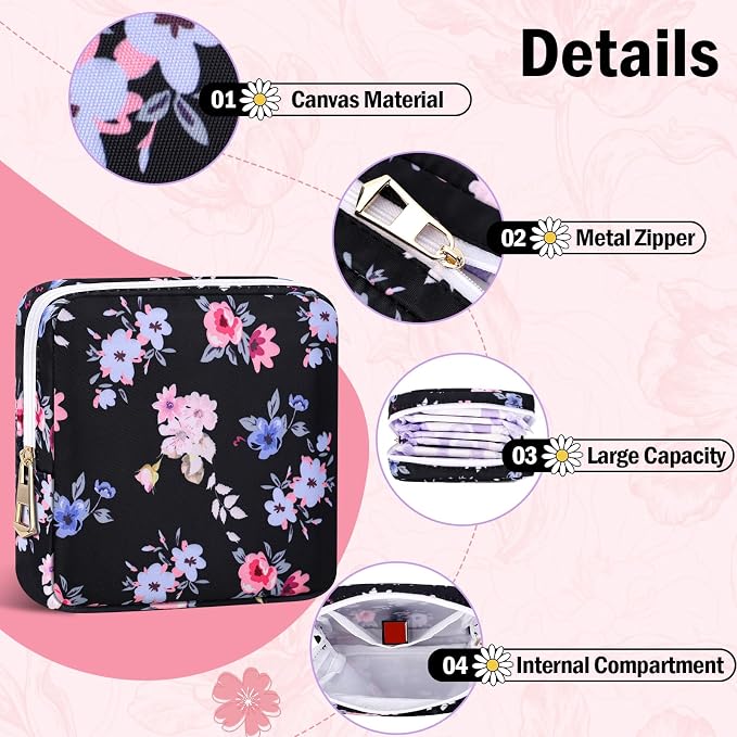 Canvas Period Pouch Discreet Sanitary Napkin Storage Bag Pad Bags | Menstrual Cup & Pad Holder, First Period Kit Storage, Feminine Bag for Women, Portable, Flower Print