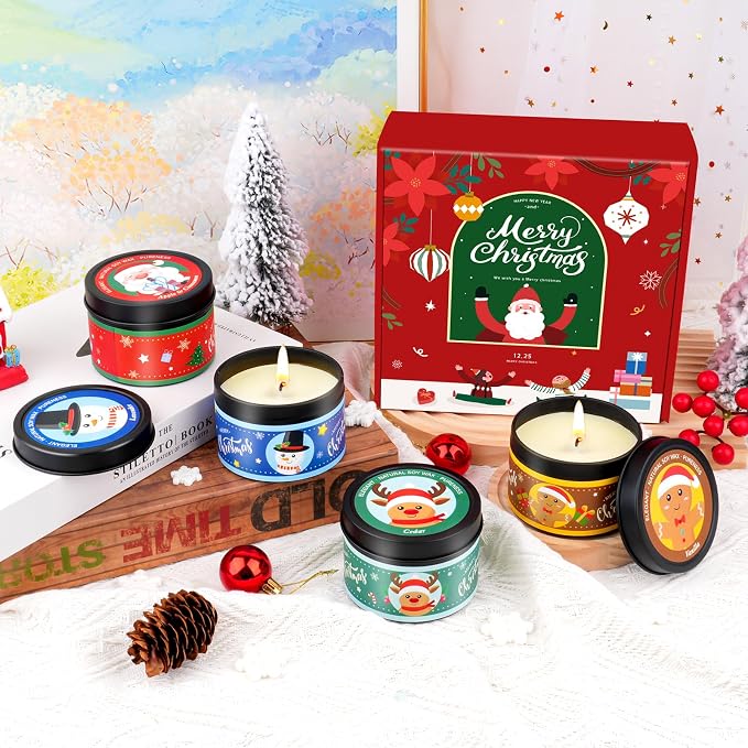 Christmas Candles - 4 x 4.6oz Scented Candles Gifts for Women Set, Natural Holiday Candle for Home Scented, Long Burning Aromatherapy Candle Gifts for Party Favors, Stocking Stuffers