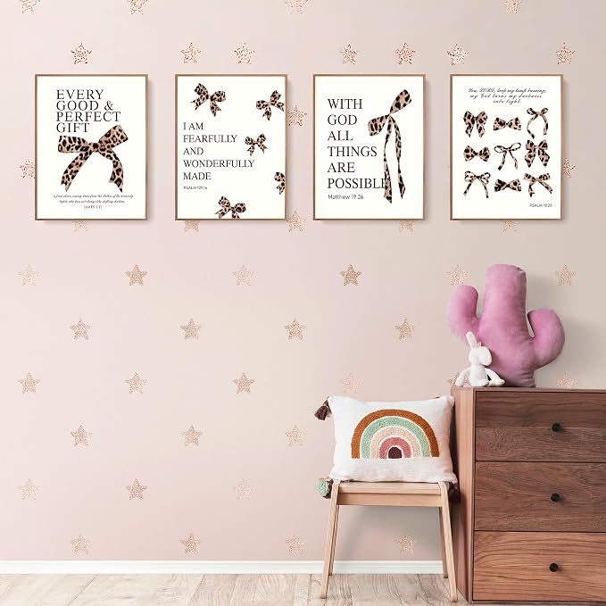 LARTSFRO Coquette Leopard Bow Wall Art Decor Posters, Y2K Cheetah Leopard Bow Room Bedroom Bathroom Dorm Wall Art Decor Aesthetic for College Teen Girls Gifts, Inspirational Bible Verses Bow Wall Decor, 12x16Inch Set of 4 Pcs Cheetah Bow Pictures (UNFR...