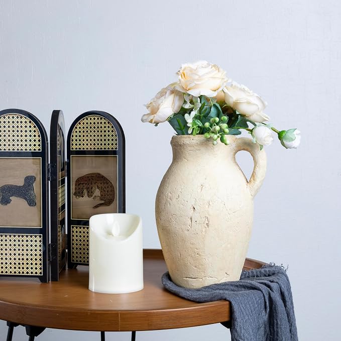 Hanyi Ceramic Rustic White Vase, 8.35 inch Farmhouse Sand Glaze Finish Vintage Boho Decor for Table, Living Room, Bathroom, Shelf, Mantel