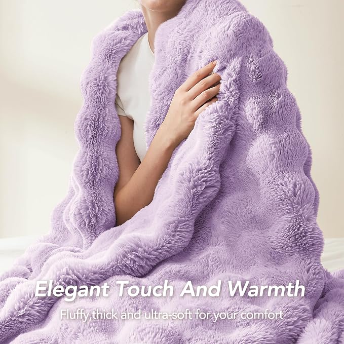 L'AGRATY Faux Rabbit Fur Throw Blanket for Couch, 50'' x 60'', Purple | Soft Cozy Bubble Fluffy Blanket for Sofa Bed, Thick Warm Plush Fuzzy Throw for Room Home Decor, Luxury Gift for Women Mom