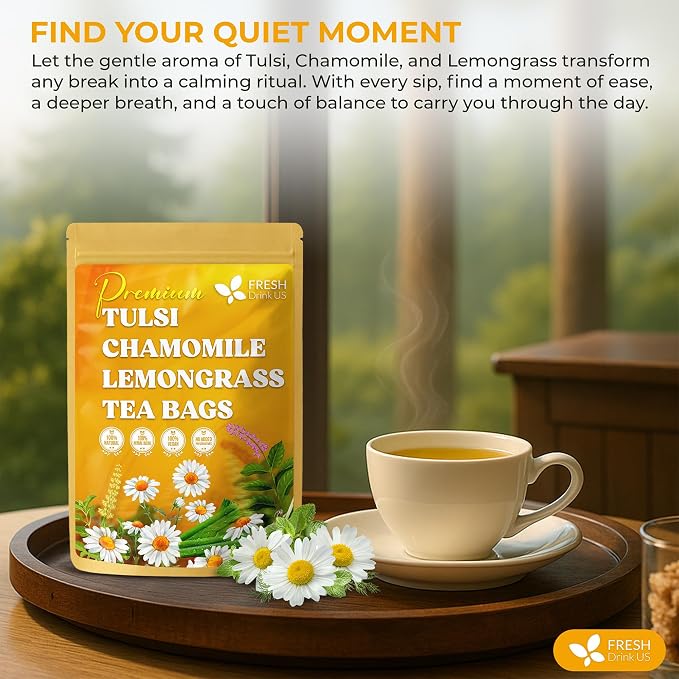 FreshDrinkUS, Premium 135 Tea Bags Tulsi Chamomile Lemongrass Herbal Tea | Blend with Holy Basil, Chamomile Flowers & Lemongrass Leaves – Naturally Caffeine-Free, Soothing Herbal Infusion. Vegan