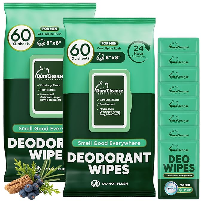 XL Deodorant Wipes for Men - 60 Ct. + 4 Travel Body Wipes Individually Wrapped - 8"x8" Odor Eliminator Towelettes for Underarm, Body, Feet - pH Balanced Armpit Smell Remover for Gym & Post Workouts