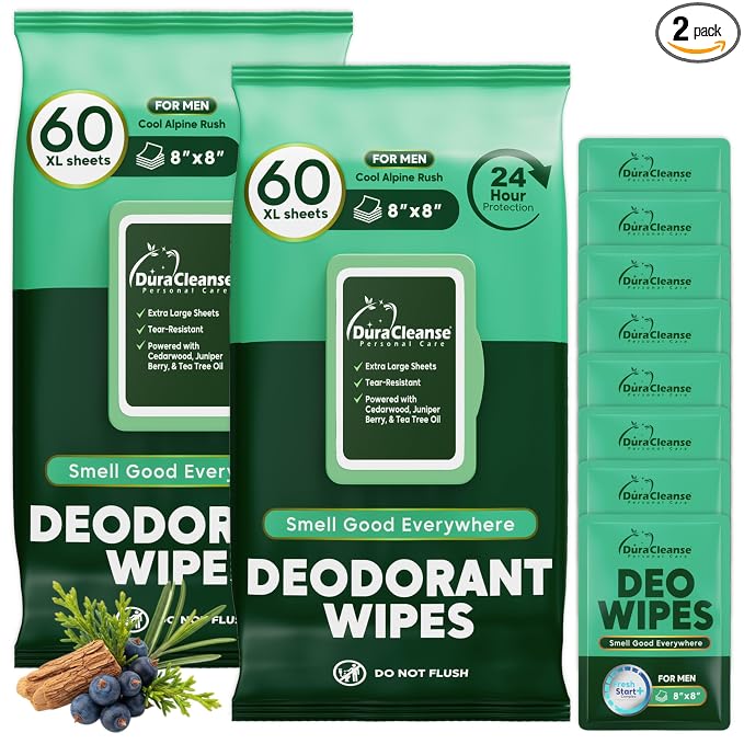 XL Deodorant Wipes for Men - 120 Ct. + 8 Travel Body Wipes Individually Wrapped - 8"x8" Odor Eliminator Towelettes for Underarm, Body, Feet - pH Balanced Armpit Smell Remover for Gym & Post Workouts