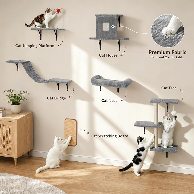 Cat Wall Shelves, 6 in 1 Cat Wall Furniture Set with Condos House, Bed, Bridge, Tree, Steps, Scratching Board, DIY Walls Playground for Indoor (Gray)