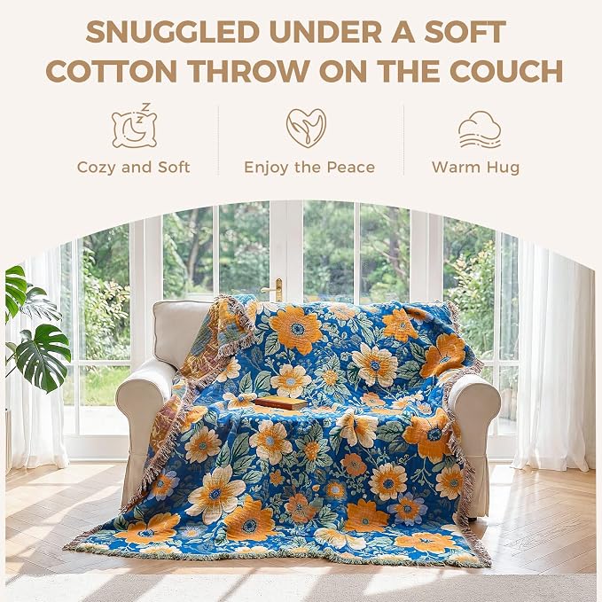 LUTBM Boho Throw Blanket for Bed 60"x80", All Season Cotton Couch Blankets | Blue Reversible Florals Jacquard, All-Season Twin Lightweight Breathable Quilt, For Chair Sofa Bedroom Living Room Decor