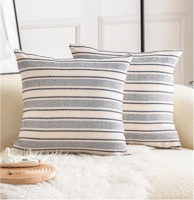 Cethom Decorative Boho Throw Pillow Covers, Farmhouse Textured Pillow Case, 18 x 18 Inch Set of 2, Chair Sofa Bedroom Living Room Decor Couch Cushion Case, Navy Blue and Beige Striped