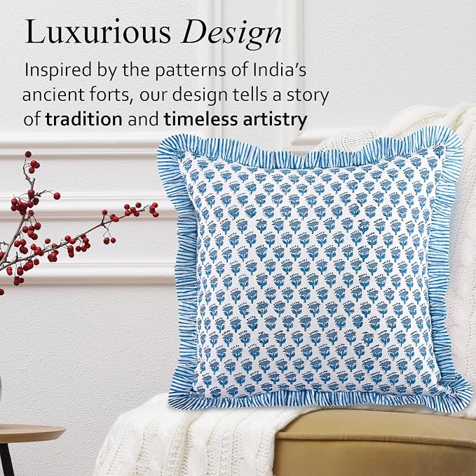 CPC Block Print Ruffle Throw Cover Apatite Blue 16"x16" Inch Pack of 2-100% Cotton Ruffle Couch Decorative Boho Pillows Case for Living Room, Bedroom, Sofa, Farmhouse Gift for Spring, Mother's Day