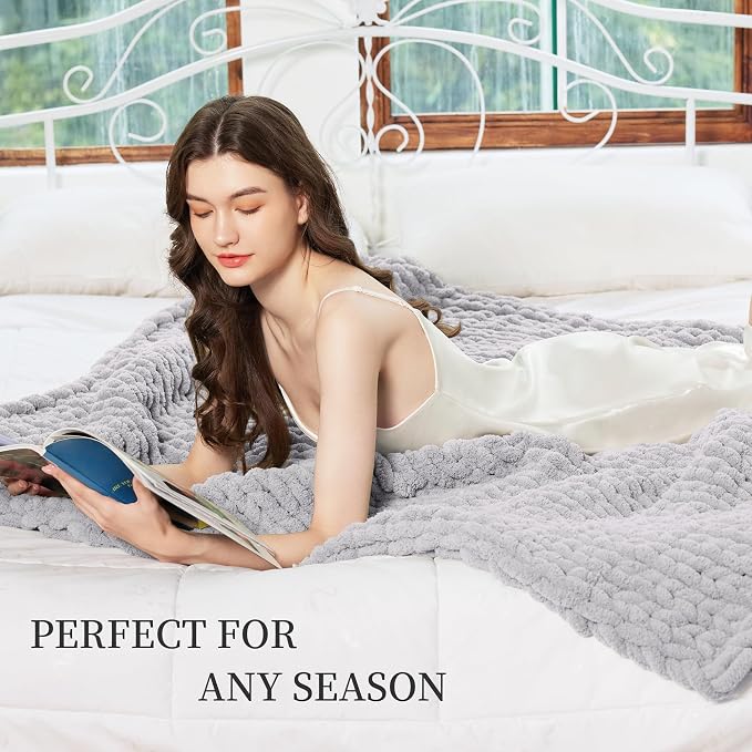 Chunky Knit Blanket Throw for Couch, 51"x63" Chunky Yarn Knitted Blankets | 100% Hand Knit Thick Chenille, Soft Breathable for Bed, Sofa, Home Decor, Cozy Gifts for Women Friends, Light Gray