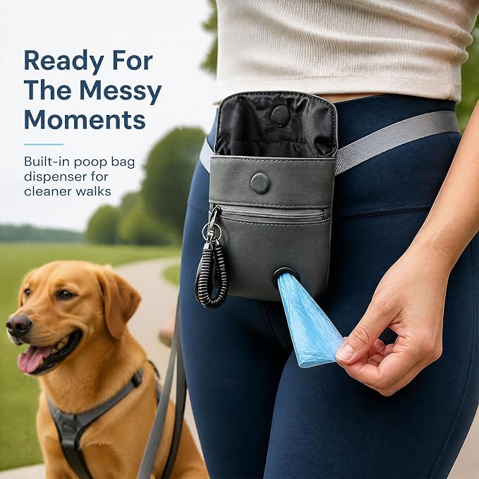 Dog Treat Pouch and Dog Training Clicker, Waterproof Dog Training Treat Bag with Magnetic Closure, Poop Bag Dispenser, Adjustable Waist Belt and Shoulder Strap