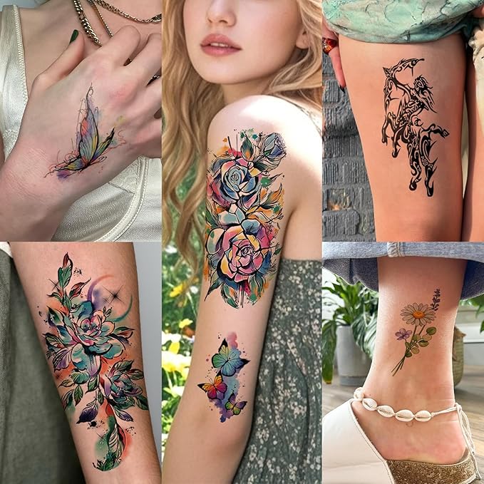 77 Temporary Tattoos for Women, Colorful Constellation Animal Flower Half Arm Fake Tattoos, Realistic Planet Lion Butterfly Rose Peony Tattoo Design