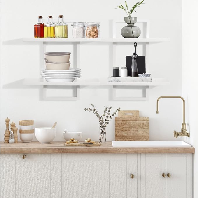 Floating Shelves for Wall,Decorative Wall Shelves Black,Plants Shelf Framed | Square Wall Decor,Art Sconces Artificial Vases Hanging Storage Shelf for Bathroom Living Room Modern,Wood,2 Tier,2 PCS,White