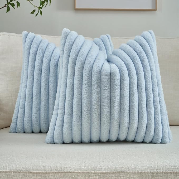 FUTEI Pack of 2 Faux Fur Throw Pillow Covers 26x26 Inch, Light Blue | Fluffy Faux Rabbit Fur Front/Premium Velvet Back,Hidden Zipper,Machine Washable,Non-Shedding,Colorfast,Insert Not Included.