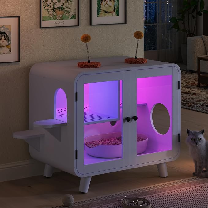 TV-Style Cat Cabinet with Side Steps, Litter Walkway, Dual Glass Doors, RGB Ambient Lighting, Interactive Pom-Pom Toys, Indoor Cat House Side Table, MDF & Glass Construction, White