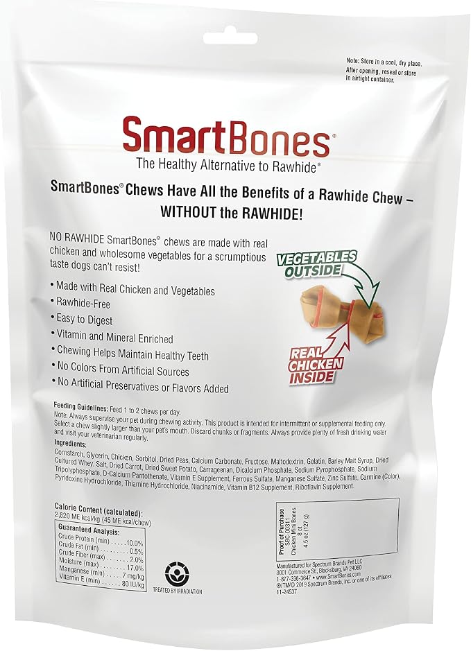 Smartbones Mini Bones Rawhide-Free Dog Treat, Real Chicken, 8 Count | Easy To Digest Chew, No Artificial Preservatives or Flavors, Vitamin & Mineral Enriched, Maintains Healthy Teeth, Small Dogs