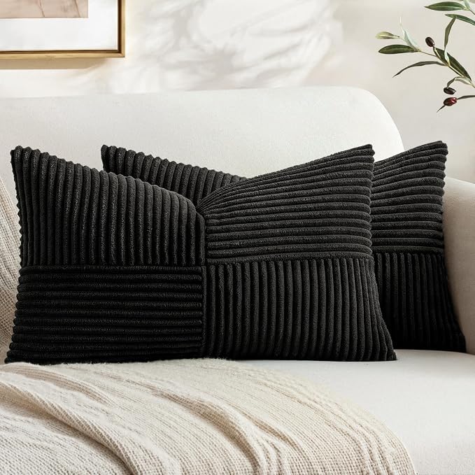 MIULEE Black Decorative Lumbar Throw Pillow Covers 12x20 Inch 2 Pack | Boho Farmhouse Pillow Covers, Soft Cross Corduroy Patchwork Textured Cushion Cases For Bed Sofa